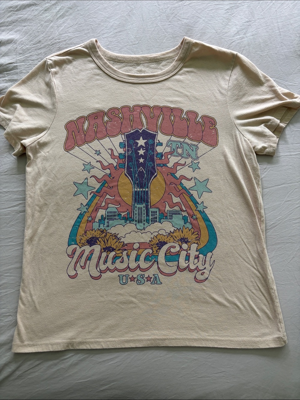 Zoe + Liv Cream "Nashville Music City" Graphic Tee with Pink, Blue & Yellow